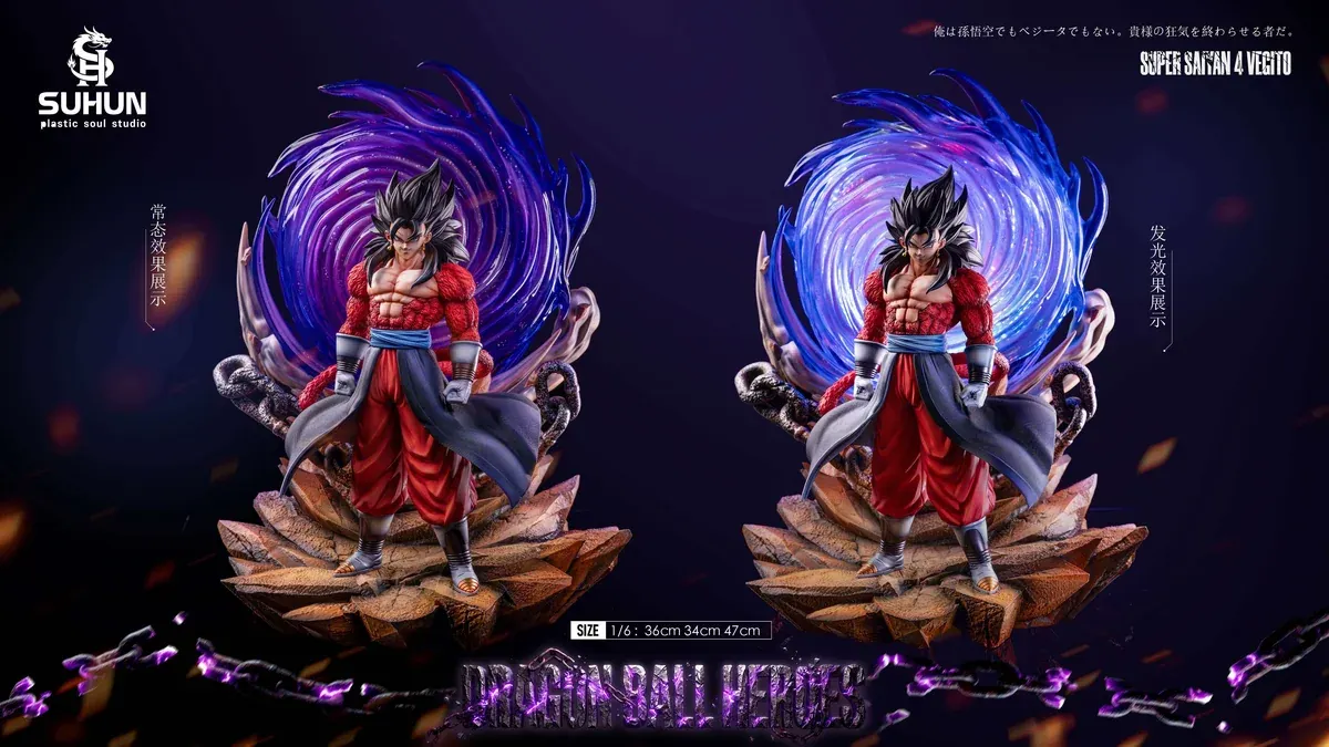 "Dynamic 1/6 SSJ4 Vegito resin statue. Explosive Saiyan power, intricate details, and swirling energy base shown from multiple angles."