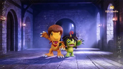"Limited Edition Punk Agumon & Reggae Gabumon Digimon statue, a unique artistic fusion of vibrant punk rock and reggae styles."