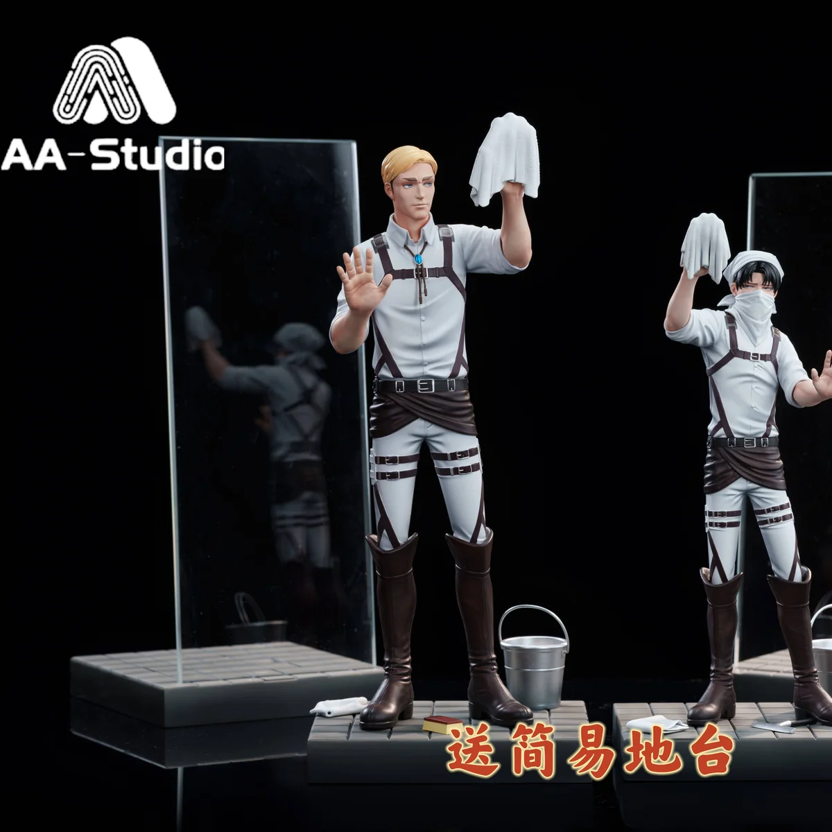 "Levi Ackerman & Erwin Smith Attack on Titan resin statue. Humorous 'Wiping Glass' scene, realistic props, detailed sculpt from a unique angle."