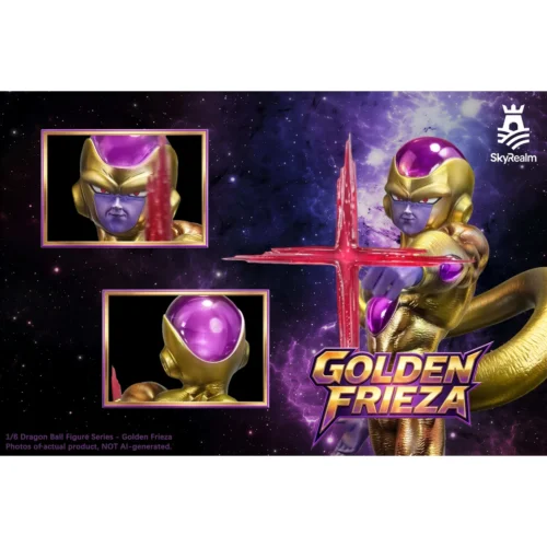 "Exclusive Limited Edition Golden Frieza resin statue by SkyRealm Studio, dynamically posed unleashing menacing power with energy effects on a rugged."