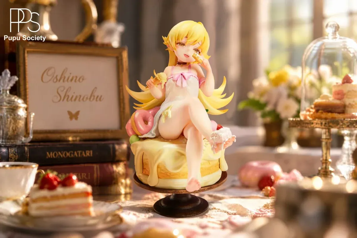 "Premium 1/6 scale Shinobu Oshino Monogatari Series resin statue in a dynamic pose, holding her iconic donut with intricate details."