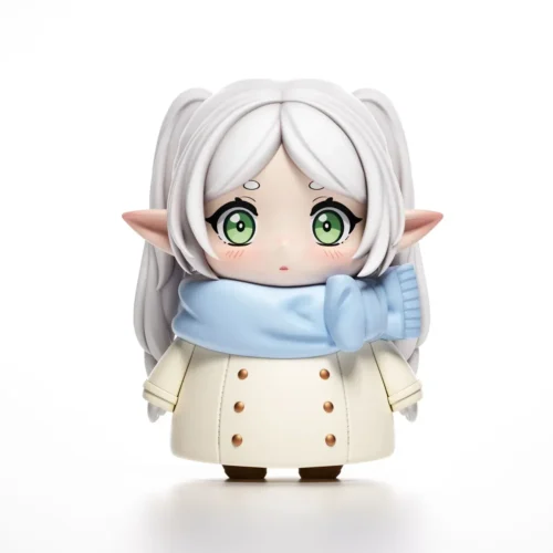"Adorable chibi Frieren & Fern Winter Duo figure. View all angles, showcasing playful expressions and the cozy snow-dusted base details."