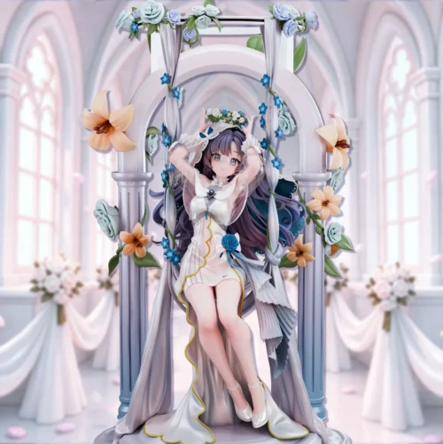 "Limited Edition 1/6 Hayase Yuuka Bride Blue Archive resin statue, showcasing her graceful pose, flowing white gown, and delicate lilies."