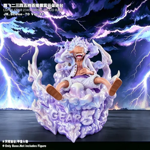 "Premium JacksDo Luffy Gear 2 3 4 5 smoke cloud diorama base from multiple angles, highlighting intricate sculpt details and versatile interchangeable."