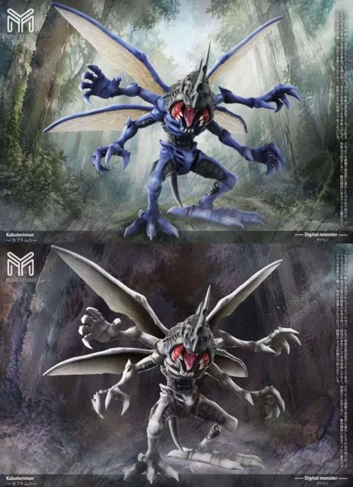 "Exclusive MINE Studio Digimon Kabuterimon resin statue in a dynamic battle pose on a rocky base. A premium collectible figure."