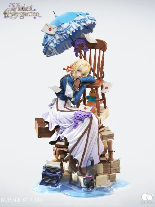 "Exquisite 1/4 & 1/6 Violet Evergarden statue, a limited edition collectible featuring her serene pose with a blue umbrella, typewriter, and violets."
