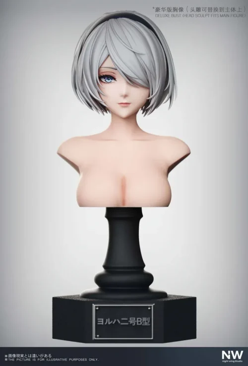 "Detailed gallery views of the iconic NieR:Automata 2B premium resin statue (1/6 & 1/4 scale), highlighting dynamic pose and intricate details."
