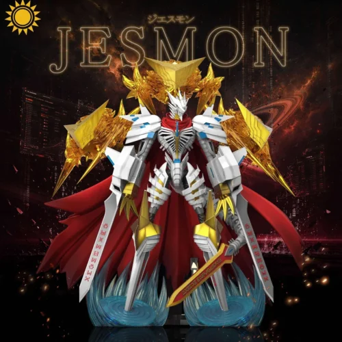 "Iconic Jesmon Digimon Royal Knight premium resin statue by Sun Toys Studio. Dynamic pose, intricate armor, vibrant energy effects; a must-have."