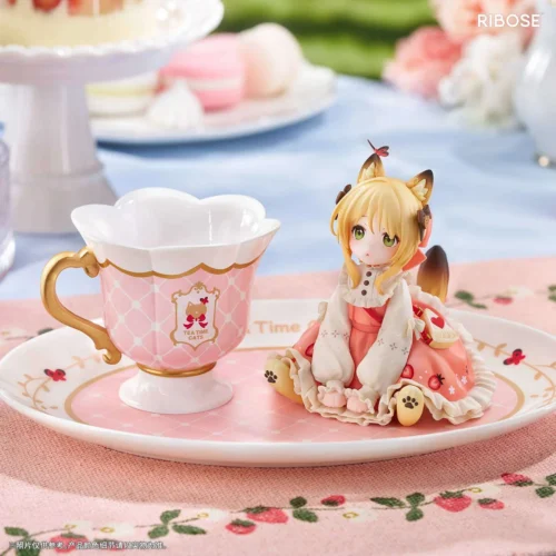 "Authentic STAR Tea Party Orange Cat figure by RIBOSE Studio. Whimsical cat in teacup with delightful treats."