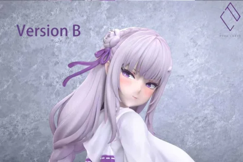 "Limited edition 1/6 Emilia Re:Zero resin statue by Pure Crush Studio, highlighting intricate sculpture details, elegant pose, and ethereal."