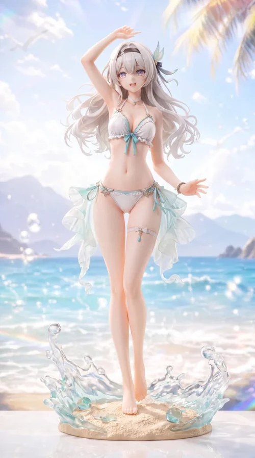 "Ultra-limited Honkai Star Rail Firefly 1/6 premium resin statue, elegantly posed in an ethereal summer island aquatic scene."