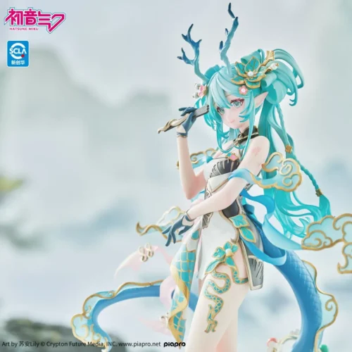 "Premium Kaiyodo Studio Hatsune Miku Azure Dragon statue. Gallery reveals her majestic transformation, flowing water, and intricate sculpted power."