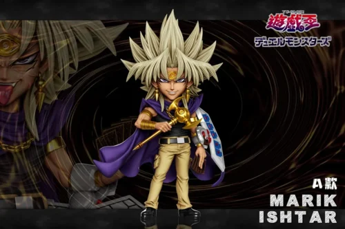 "A+ Studio's Dark Marik Yu-Gi-Oh! statue, showcasing its menacing pose, dark magic details, and interchangeable magnetic heads in full."