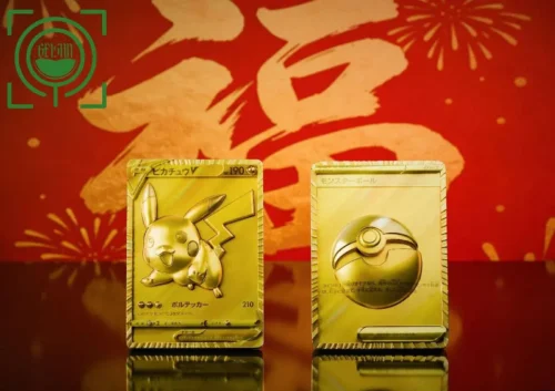 "Golden Pikachu Poké Ball resin statue by GEISHA Studio. A luxurious, ultra-limited edition Pokémon collectible with dynamic Pikachu card art."