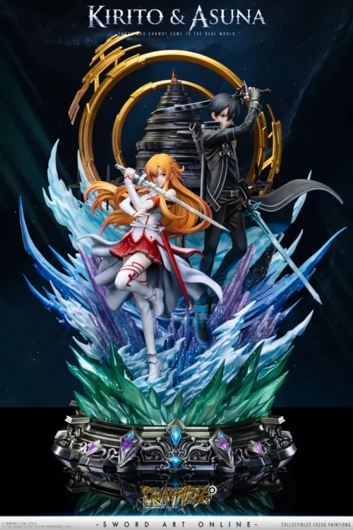 "Premium Kirito and Asuna Sword Art Online statue by Dreammaker Studio. Iconic SAO duo in dynamic battle pose with captivating LED lighting."