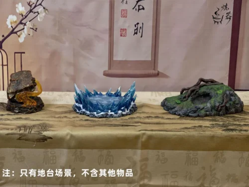 "Stunning LED Xianxia diorama base set with Void Cauldron, Heaven-Grasping Bottle, and Gold Devouring Worm for figure display."
