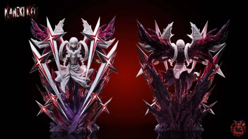 "Exclusive 1/6 Ken Kaneki Tokyo Ghoul LED statue, dynamic Half-Kakuja form, crimson LED wings and eye, shown from various detailed angles."