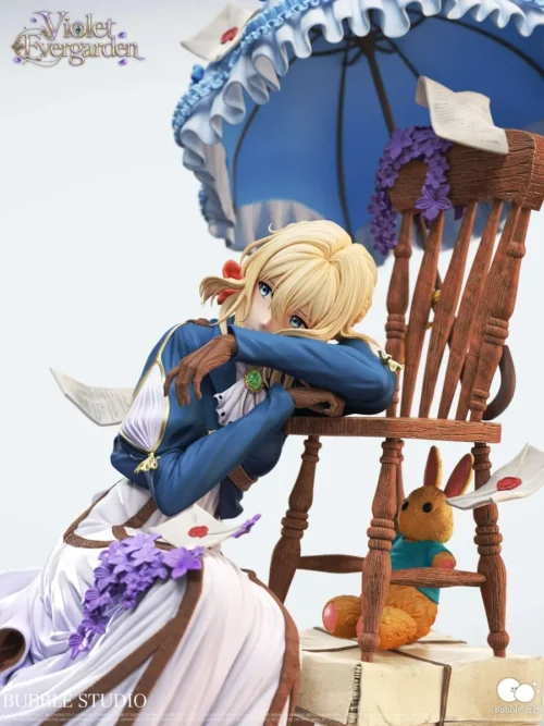 "Violet Evergarden Bubble Studio 1/6 & 1/4 scale statue. Exquisite multi-angle details: serene figure with blue umbrella, typewriter, and violets."