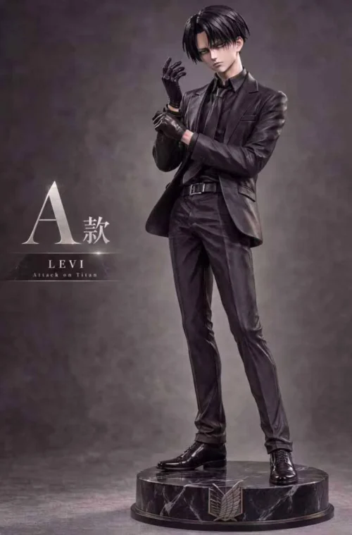 "Exclusive DXY Studio Levi Ackerman Attack on Titan resin statue. Dynamic Black Street combat pose, detailed from multiple angles, highlighting."