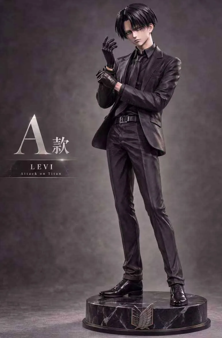 "Exclusive DXY Studio Levi Ackerman Attack on Titan resin statue. Dynamic Black Street combat pose, detailed from multiple angles, highlighting."