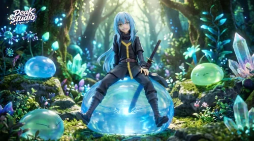 "Exclusive Rimuru Tempest figure statue by Peak Studio, dynamically capturing his iconic human and slime forms. Includes a special bonus."