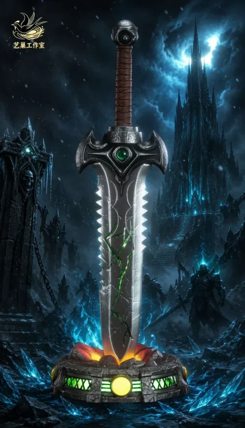 "Legendary 1/6 Frostmourne Greatsword World of Warcraft statue, showcasing intricate details and a stunning remote-controlled LED glow."