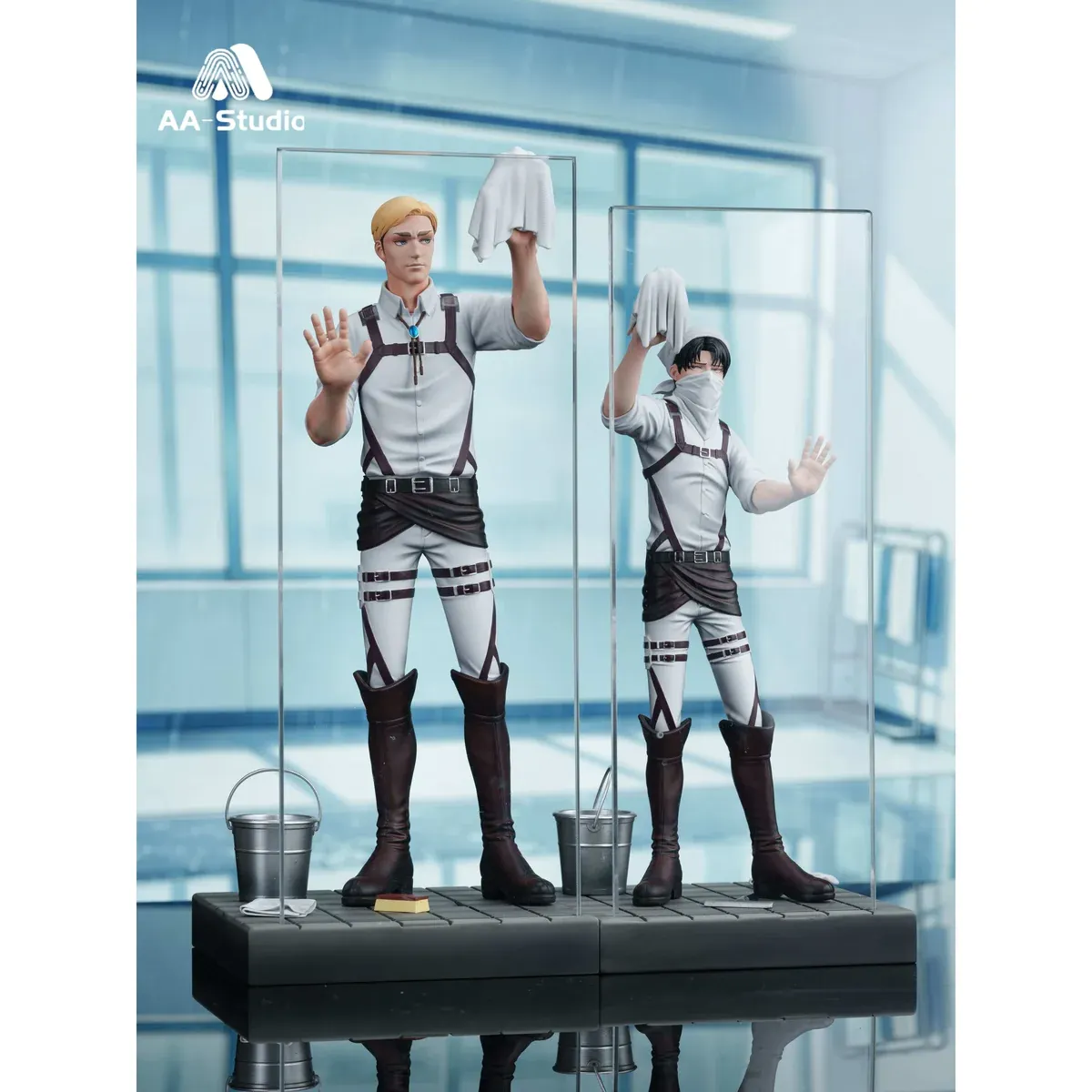 "Premium Levi Ackerman and Erwin Smith Attack on Titan resin statue vividly captures the iconic 'Wiping Glass' scene with humorous detail."