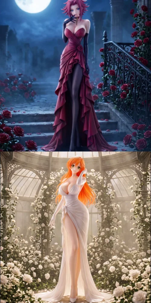 "Limited Edition 1/6 Code Geass Kallen & C.C. statue. Elegant heroines in exquisite evening gowns, capturing sophisticated allure and dynamic presence."