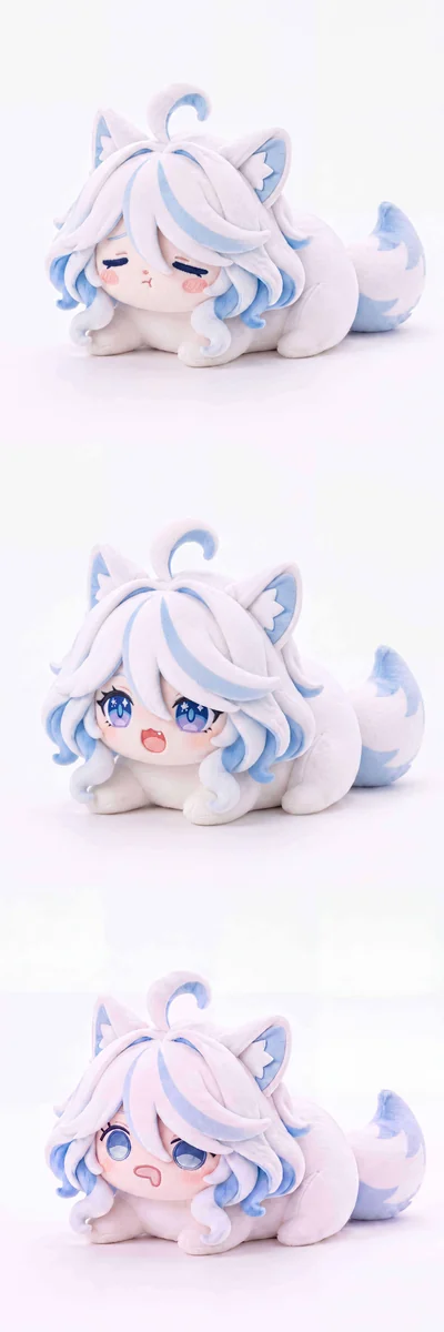 "Cute Genshin Impact Furina chibi plush doll, prominently displayed with her signature adorable, cozy expressions. A charming collectible."