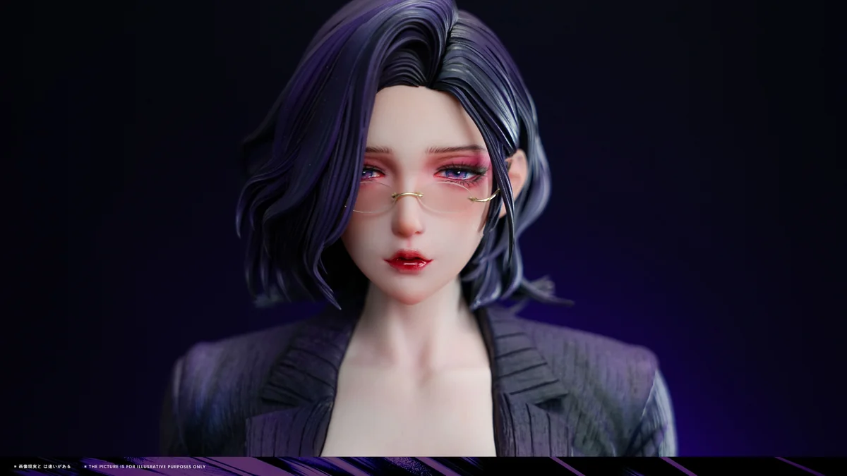"Premium 1/4 scale OL Kim Mi-jeong resin statue, meticulously hand-painted, showing professional office attire and dark fantasy details from varied."