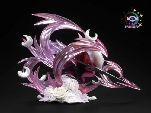 "Limited Edition Hollow Knight Hornet statue by Day Dream Studio. Dynamic pose, ethereal effects, and mysterious base shown in multiple detailed views."