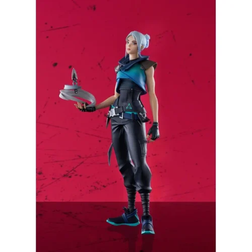 "Premium Good Smile Company VALORANT Jett figure: a dynamic POP UP PARADE SP statue capturing her iconic aerial pose with signature wind effects."