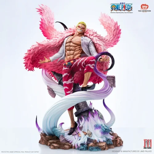 "Officially licensed premium One Piece Doflamingo statue. Dynamic pose, vibrant colors, intricate string powers and menacing elegance."