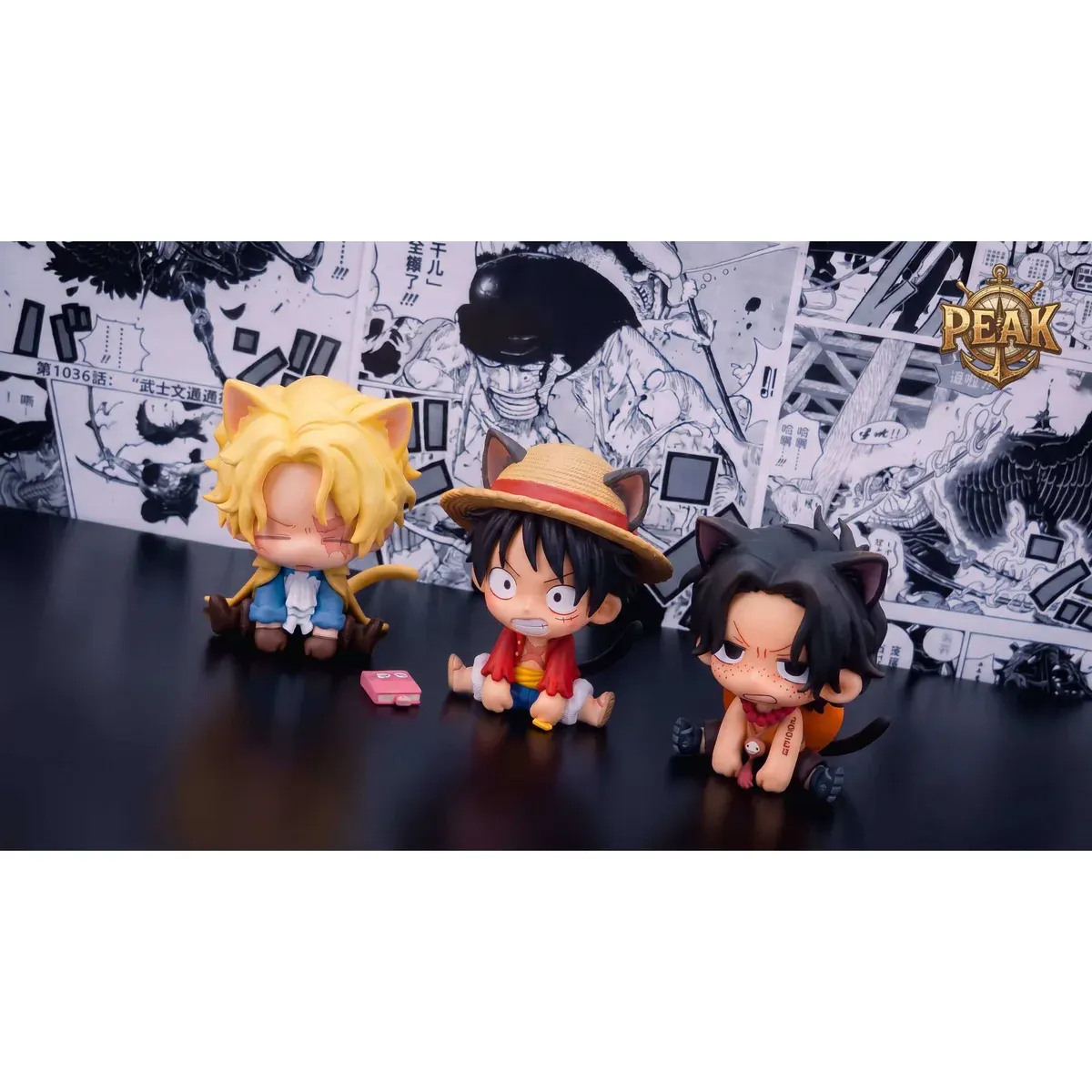 "Exclusive One Piece ASL Brothers Cat-Ear figures. Playful chibi Luffy, Ace, Sabo detailed from all angles. See adorable sculpture details."