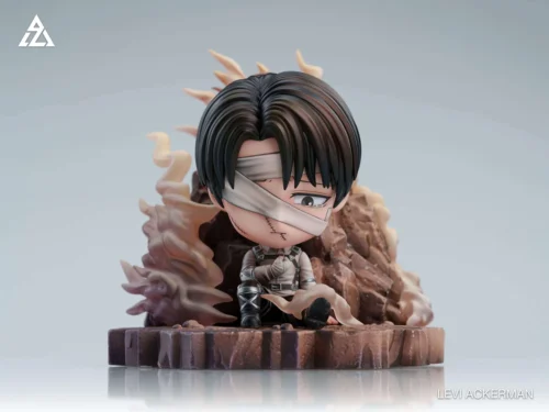 "Exclusive Limited Edition Levi Ackerman Q-version figure from Attack on Titan, dynamically posed with transparent smoke effects on a detailed base."
