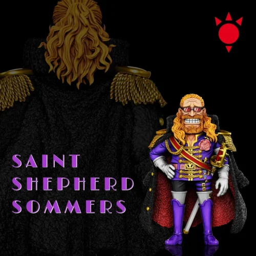 "Premium One Piece Shephard Soumaz Saint statue, capturing the iconic Elbaf God Knight in a dynamic, powerful pose with intricate uniform details."