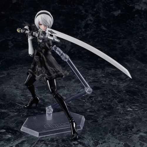 "Dynamic NieR Automata 2B figma from Max Factory, showcasing her sleek android design, intricate weapon details, and highly articulated posing."