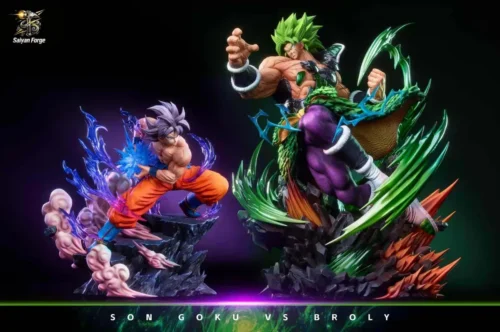 "Dynamic Dragon Ball GK Statue featuring Son Goku Ultra Instinct battling Broly, an epic resin masterpiece with explosive energy effects."