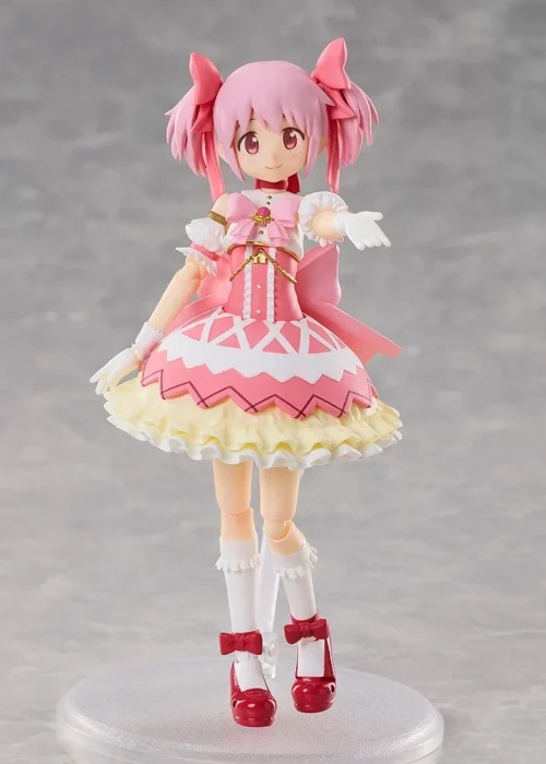 "Premium BUZZmod Madoka Kaname movable figure from Puella Magi Madoka Magica: Rebellion, showcasing dynamic poseability and vibrant colors."
