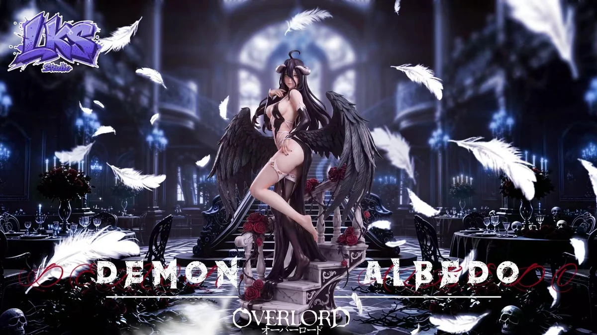 "Limited Edition 1/6 Albedo Evening Gown Ver. Overlord statue by Lux Studio, showcasing her alluring gothic elegance and intricate details."