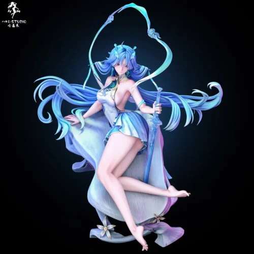 "Multiple angles of the exclusive Wuthering Waves 1/6 scale Qingxiao & Xinyuehu resin statue by Hakimi Studio, showcasing dynamic poses and intricate."