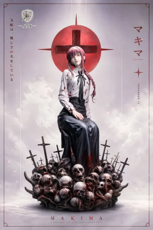 "Limited Edition 1/6 Makima Resin Statue from Chainsaw Man, showcasing her dominant pose with a flowing coat on a skull cross base."