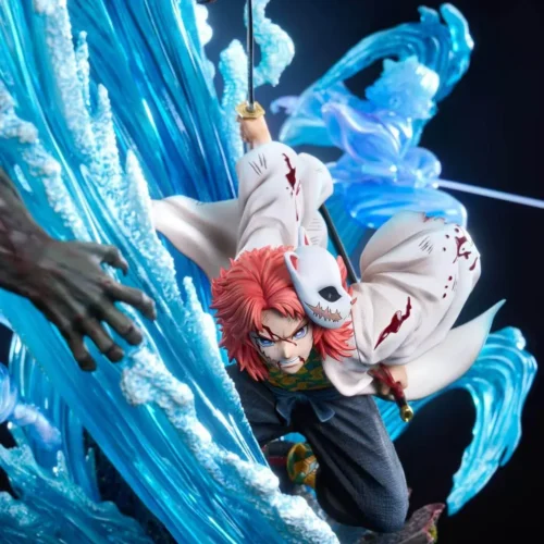 "Explore detailed angles of the 1/6 Sabito Demon Slayer statue, Cuican CC Studio. Highlights dynamic water breathing effects and intricate sculpting."