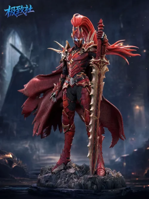 "Premium limited edition Scarlet Igris Solo Leveling resin statue by Jizhishe Studio. Features dynamic pose, intricate dark knight armor, and stunning