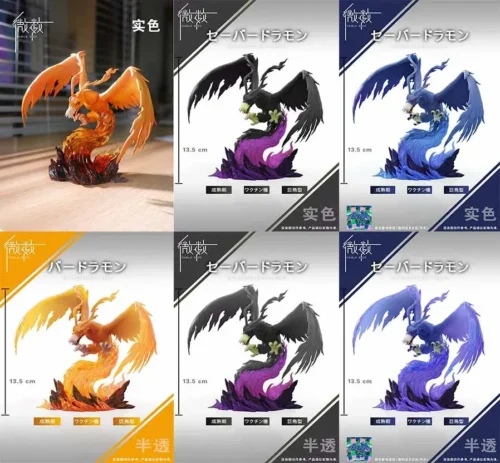 "Premium 1/20 scale Digimon Birdramon & Kabuterimon statue, a vibrant dynamic duo in powerful flying poses, with multi-color options."
