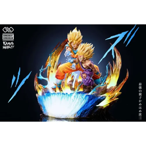 "Iconic Father-Son Kamehameha Dragon Ball Z statue by Infinite Studio. Dynamic LED diorama, Super Saiyan details from various angles."