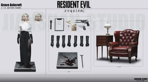 "Grace Ashcroft 1/6 figure, a hyper-realistic, highly articulated collectible from Resident Evil 9. Authentic fabric, intricate details."