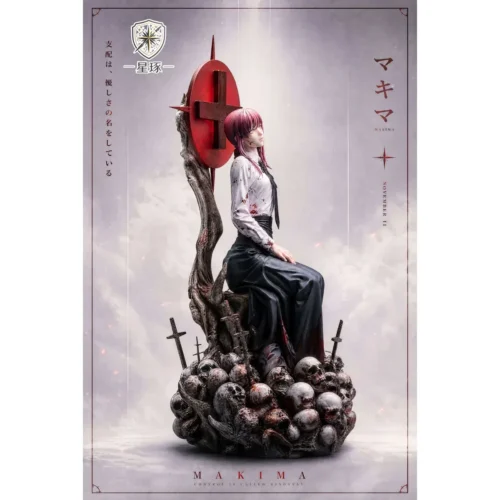 "Limited Edition 1/6 Makima Chainsaw Man resin statue, showcasing her dominant pose, flowing coat, and intricate skull cross base details."