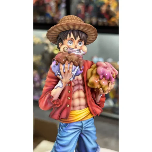 "Dynamic One Piece Luffy Eating Cake figure from Liang Ge LG Studio, showcasing vibrant details, multiple angles, and his iconic gluttony."
