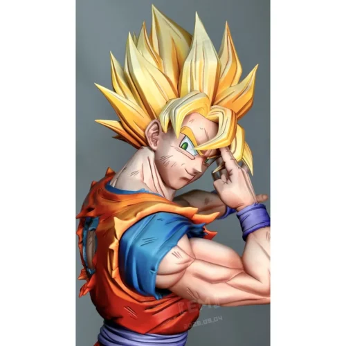 "Dynamic 1/5 scale Limited Edition Goku Bust statue, showcasing Super Saiyan Goku in his iconic Instant Transmission pose from various angles."